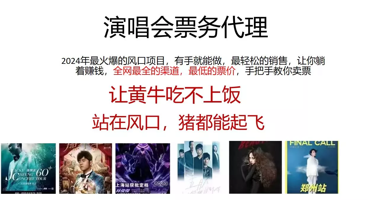 演唱会票务代理,2024年最火爆风口项目,全网最低的票价,小白一分钟上手日入2000+