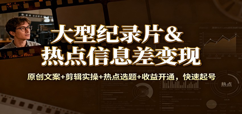 大型纪录片&热点信息差变现:原创文案+剪辑实操+热点选题+收益开通,快速起号