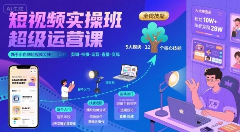 短视频实操班超级运营课,新手小白到短视频大神必修课程,剪辑-拍摄-运营-直播-变现