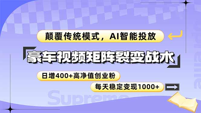 豪车视频矩阵裂变战术，颠覆传统模式，AI智能投放，日增400+高净值创业...