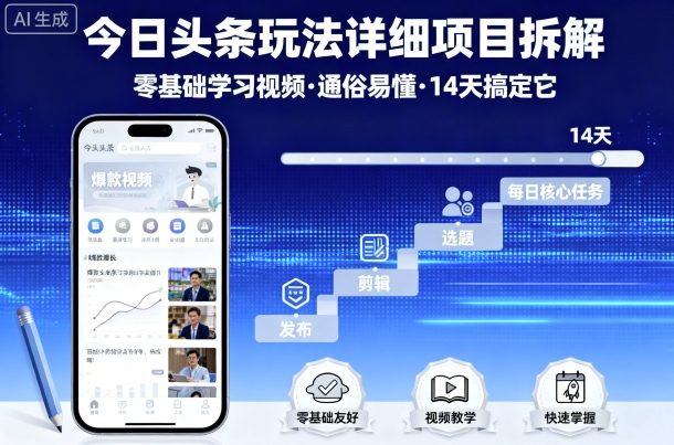 今日头条玩法详细项目拆解,零基础学习视频 通俗易懂 14天搞定它