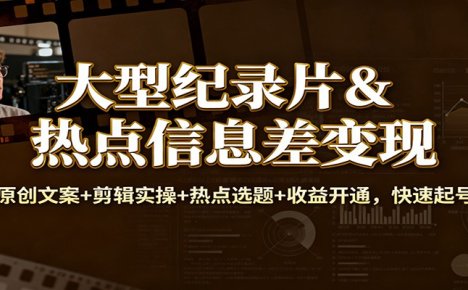 大型纪录片&热点信息差变现：原创文案+剪辑实操+热点选题+收益开通，快速起号