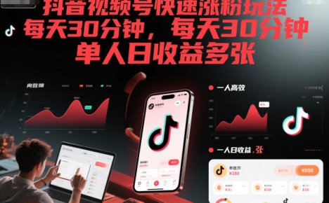 抖音视频号快速涨粉玩法,每天30分钟,单人日收益多张
