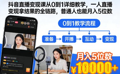 抖音直播变现课从0到1详细教学，一人直播变现拿结果的全链路，普通人也能月入5位数